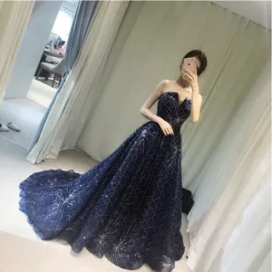 2025Starry sky sequined dress  new blue tube top long trailing chorus performance suit host evening dress