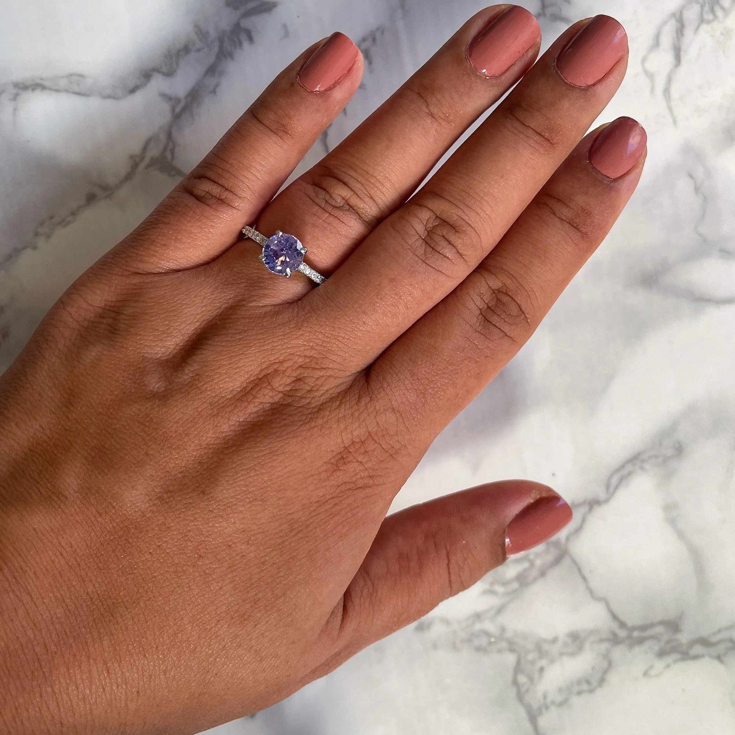 2.14ct EGL Certified Round Unheated Lavender Sapphire Ring with Diamonds in 18K White Gold