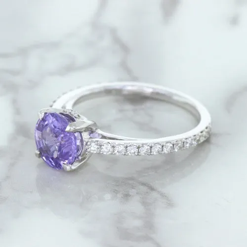 2.14ct EGL Certified Round Unheated Lavender Sapphire Ring with Diamonds in 18K White Gold