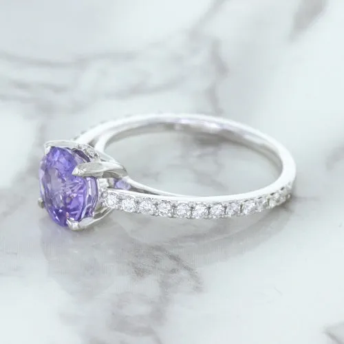 2.14ct EGL Certified Round Unheated Lavender Sapphire Ring with Diamonds in 18K White Gold