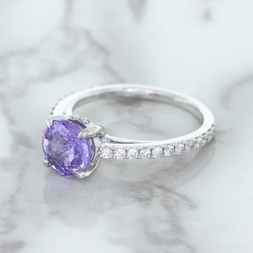 2.14ct EGL Certified Round Unheated Lavender Sapphire Ring with Diamonds in 18K White Gold