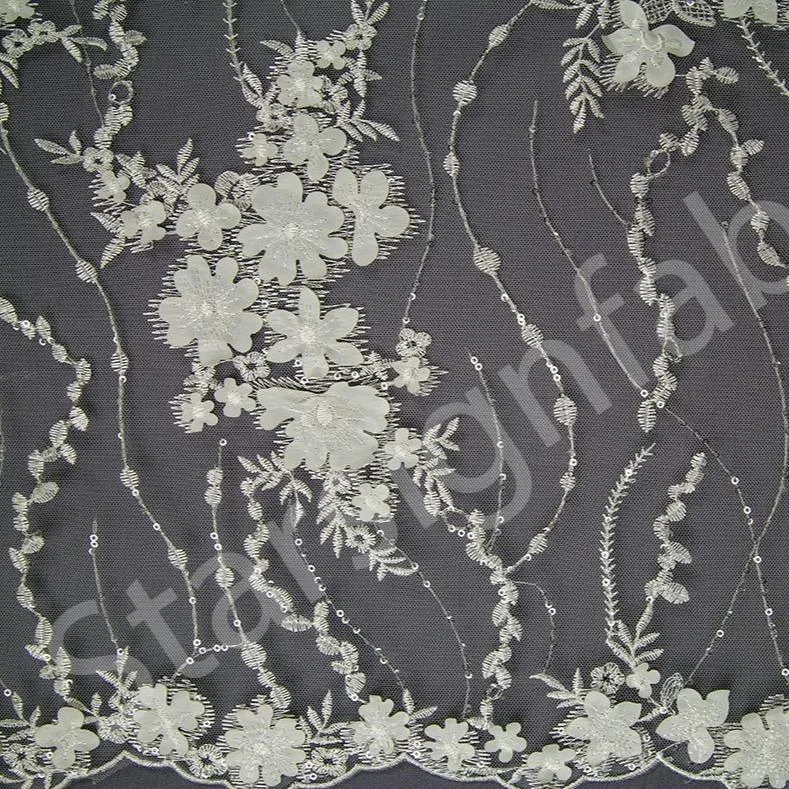 3D Flower Design Embroidered Fabric on Mesh Base