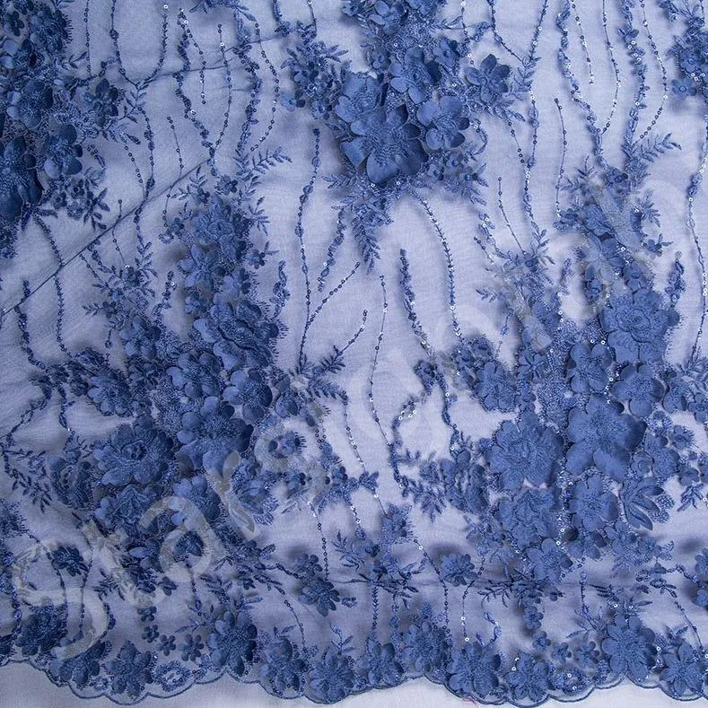 3D Flower Design Embroidered Fabric on Mesh Base