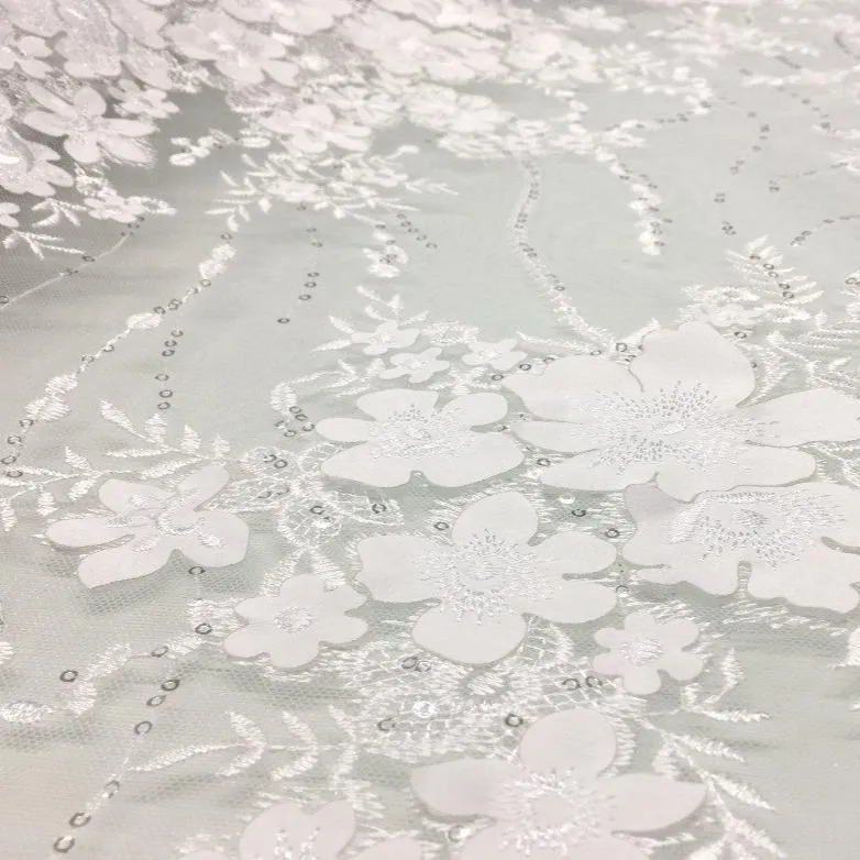 3D Flower Design Embroidered Fabric on Mesh Base