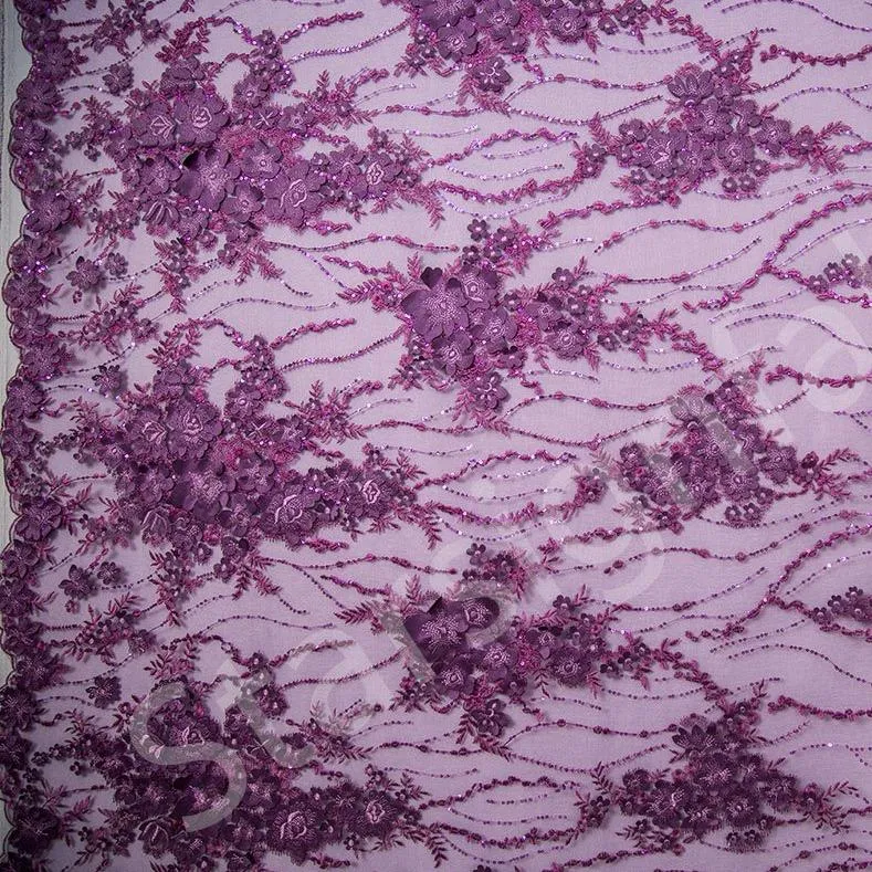 3D Flower Design Embroidered Fabric on Mesh Base