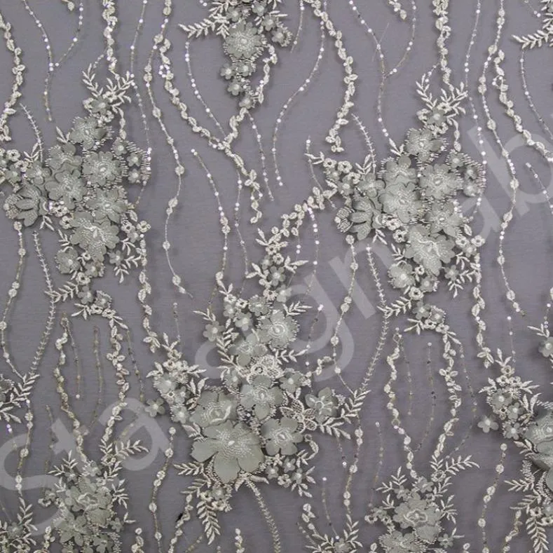 3D Flower Design Embroidered Fabric on Mesh Base