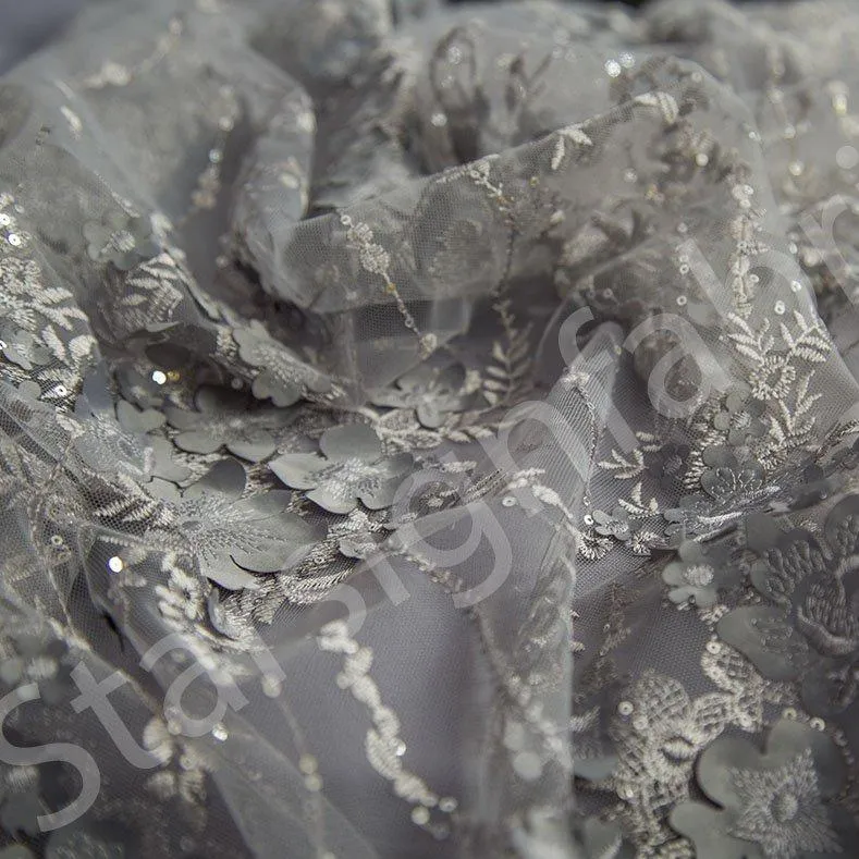 3D Flower Design Embroidered Fabric on Mesh Base