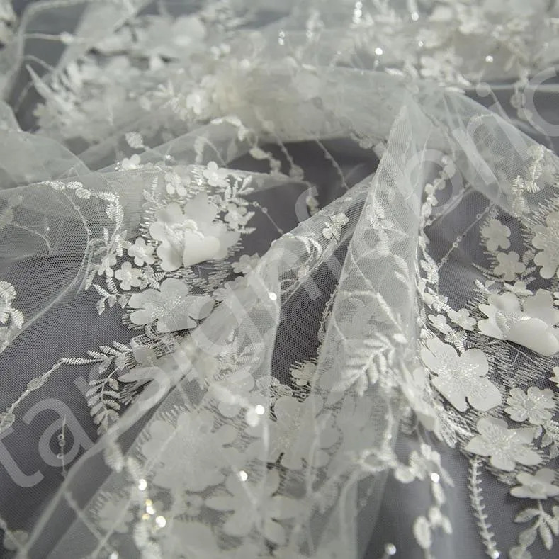 3D Flower Design Embroidered Fabric on Mesh Base