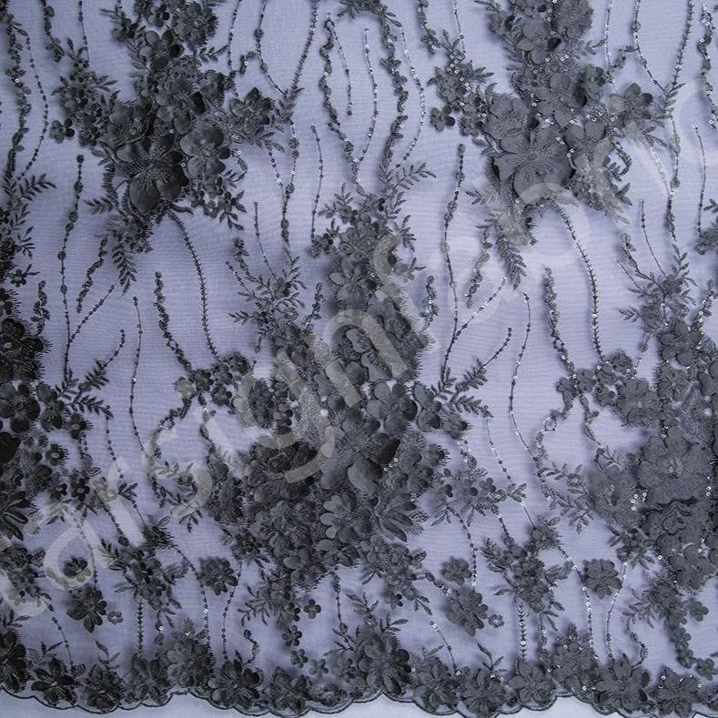 3D Flower Design Embroidered Fabric on Mesh Base