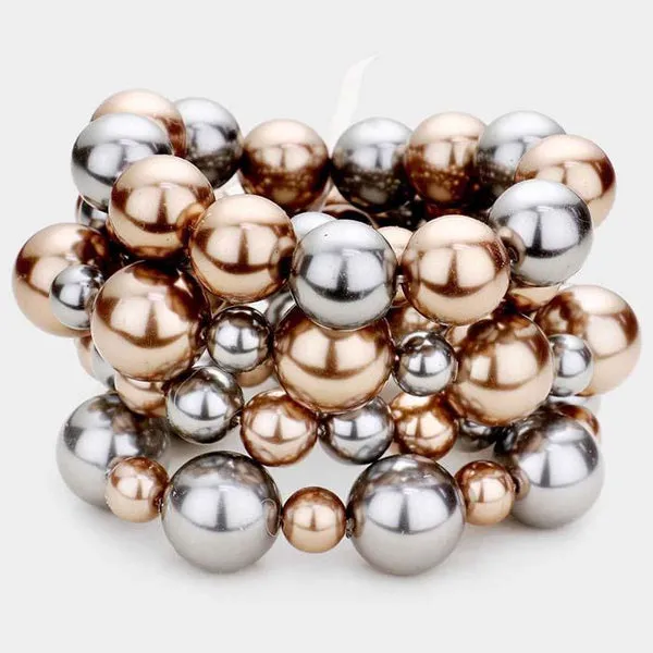 5 Piece Chunky Brown & Gray Pearl Stretch Layered Bracelets