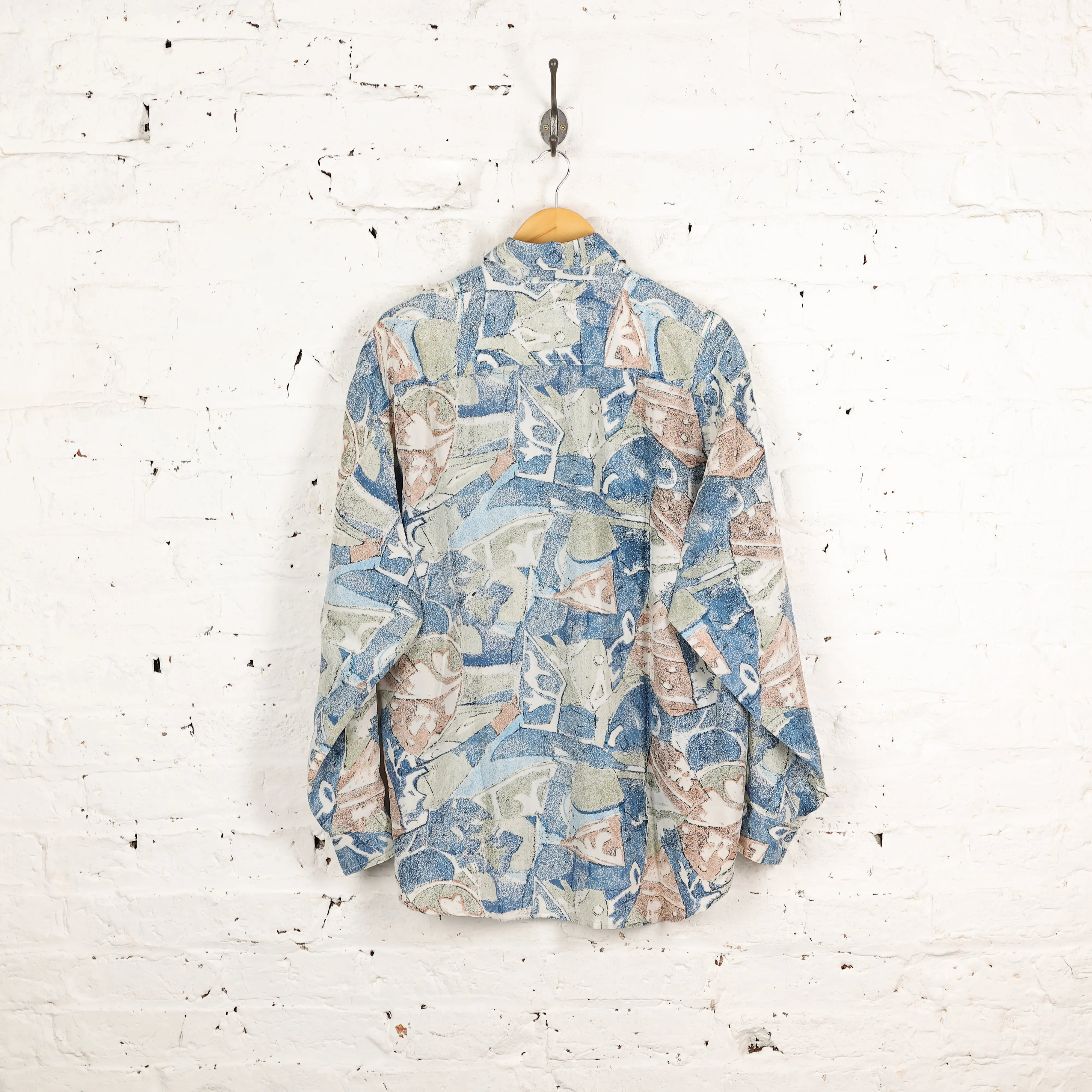 90s Long Sleeve Silk Pattern Shirt - Blue - L