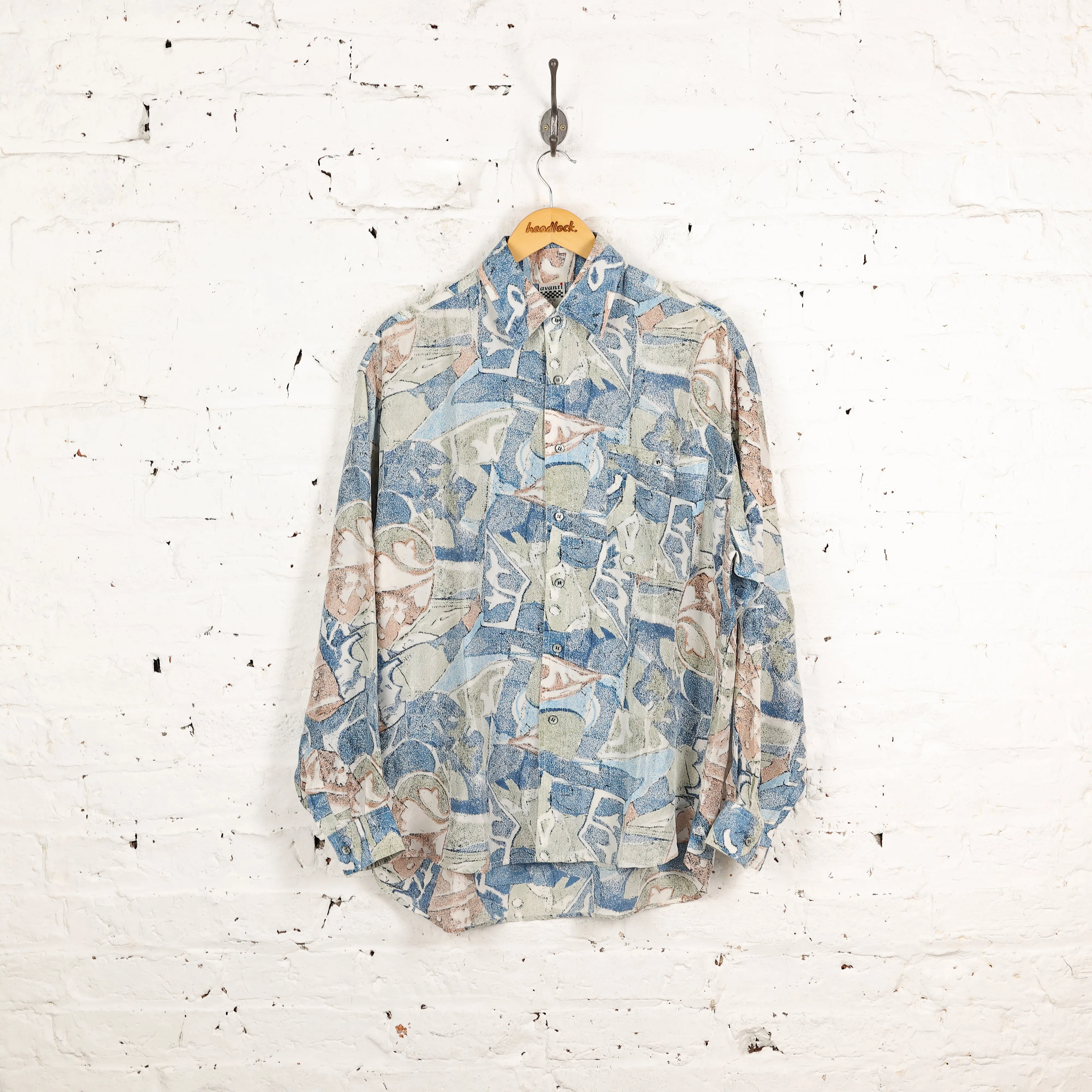 90s Long Sleeve Silk Pattern Shirt - Blue - L