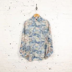 90s Long Sleeve Silk Pattern Shirt - Blue - L