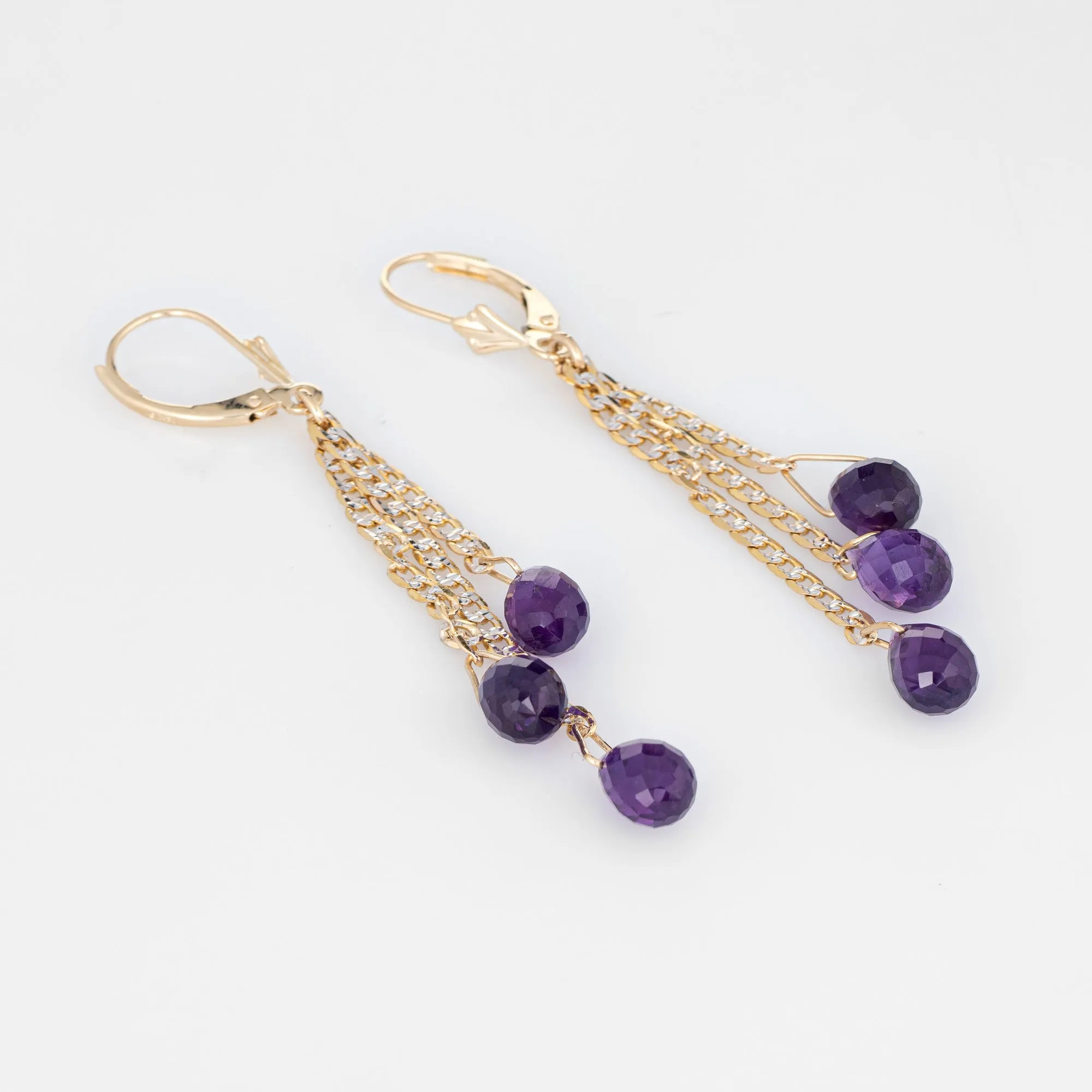 Amethyst Briolette Earrings Vintage 14k Yellow Gold Three Tier Drop Chain Link