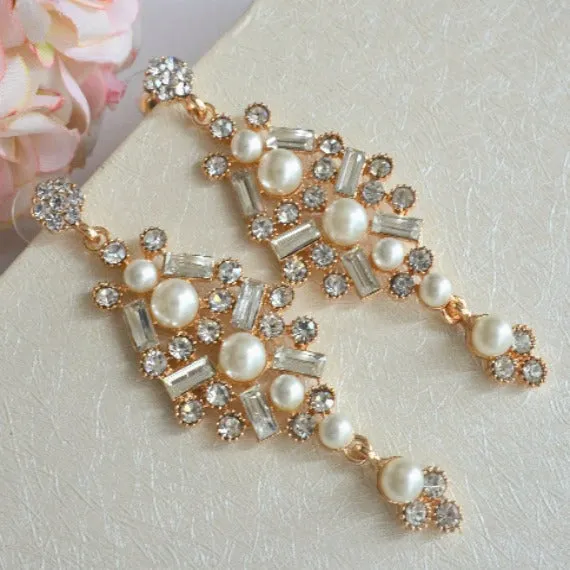 Art Deco Crystal Pearl Chandelier Earrings, Long Crystal Bridal Pearl Earrings, Rhinestone Dangle Wedding Earrings, Vintage Style Wedding