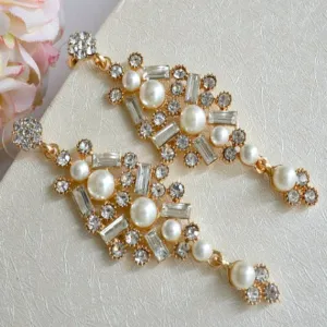 Art Deco Crystal Pearl Chandelier Earrings, Long Crystal Bridal Pearl Earrings, Rhinestone Dangle Wedding Earrings, Vintage Style Wedding