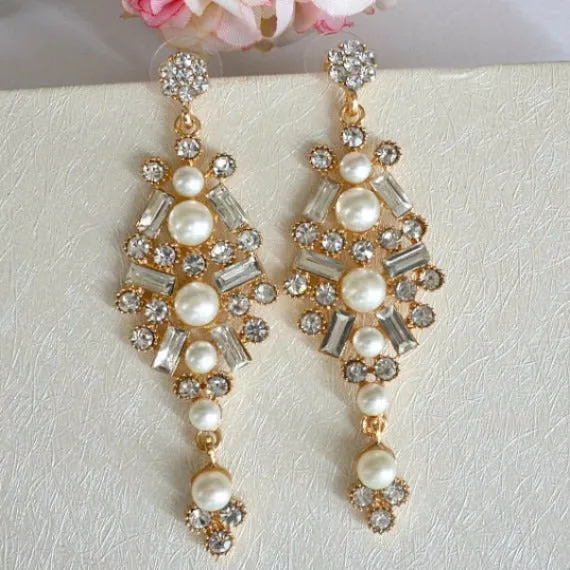 Art Deco Crystal Pearl Chandelier Earrings, Long Crystal Bridal Pearl Earrings, Rhinestone Dangle Wedding Earrings, Vintage Style Wedding