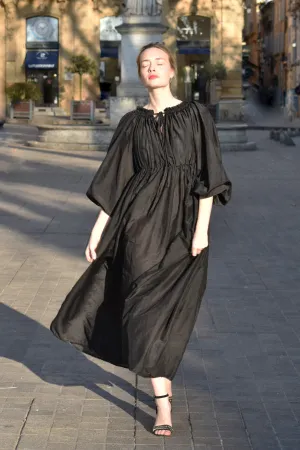 Athena Dress in Noir Silk Cotton Voile