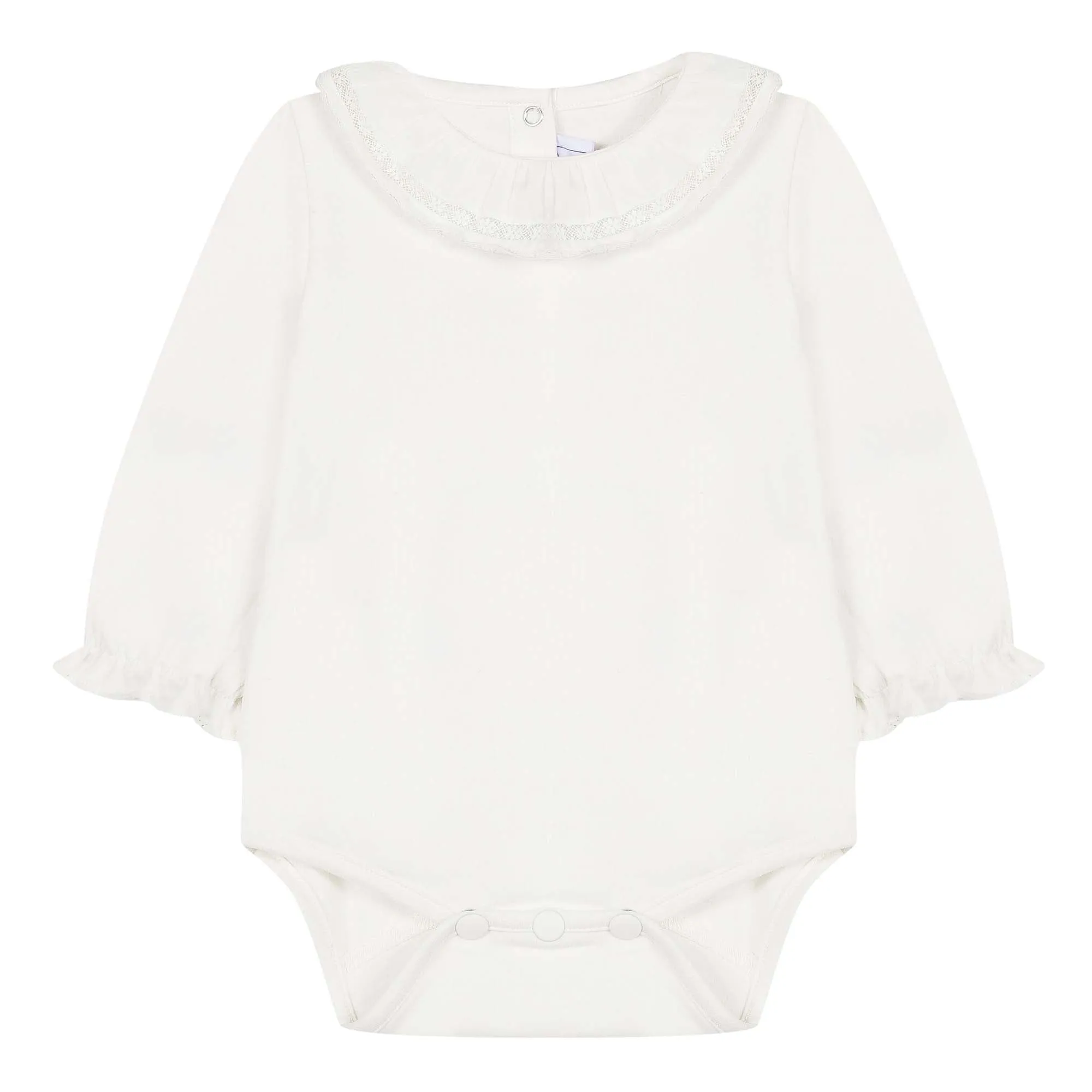 Baby Girls Mother-of-Pearl Bodysuit with Ruffled Lace Collar