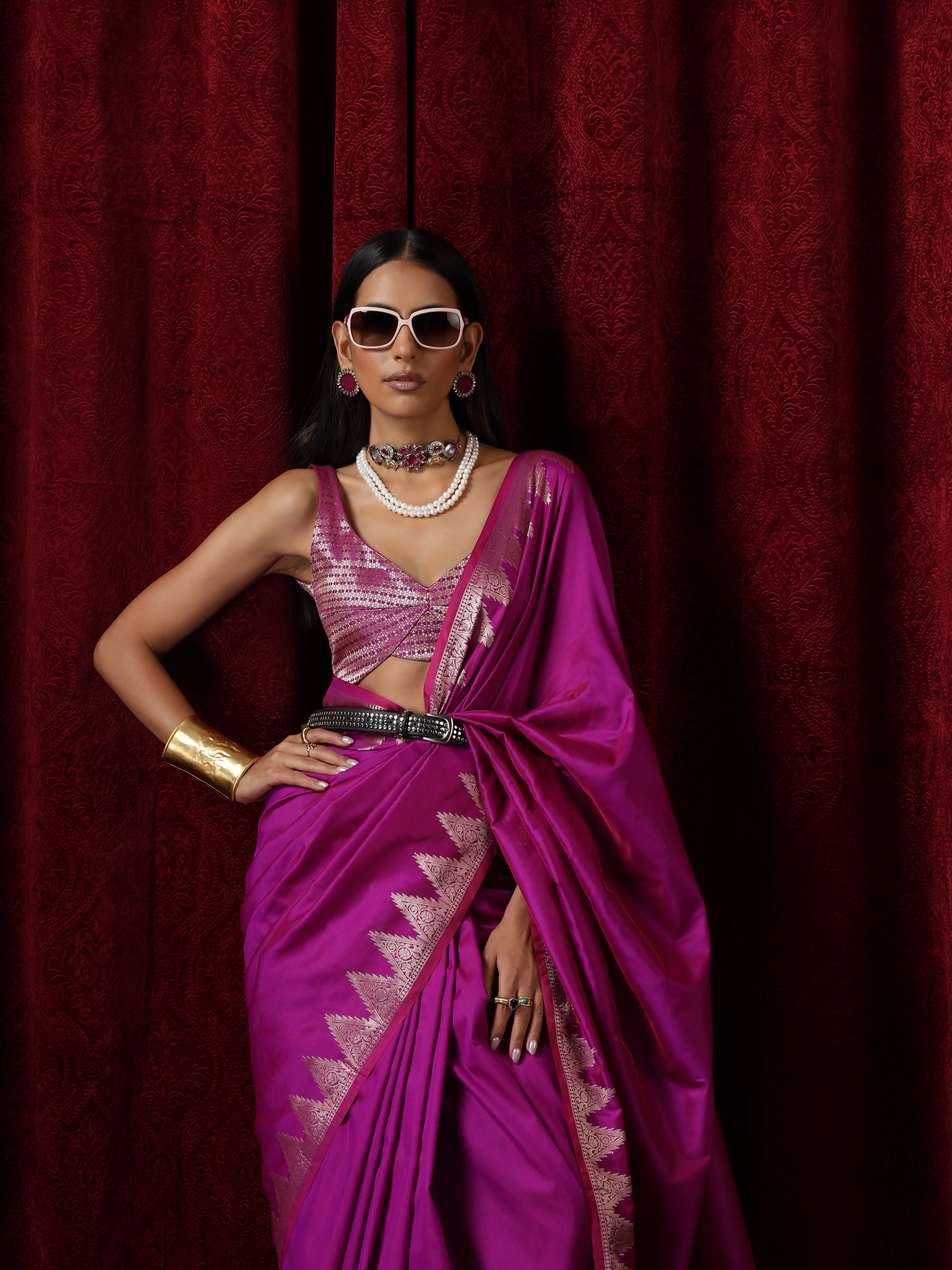Banaras Plum Temple Pure Silk Saree with Blouse Fabric