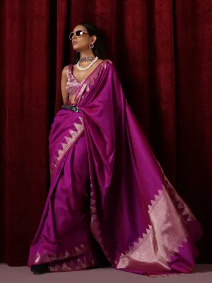 Banaras Plum Temple Pure Silk Saree with Blouse Fabric