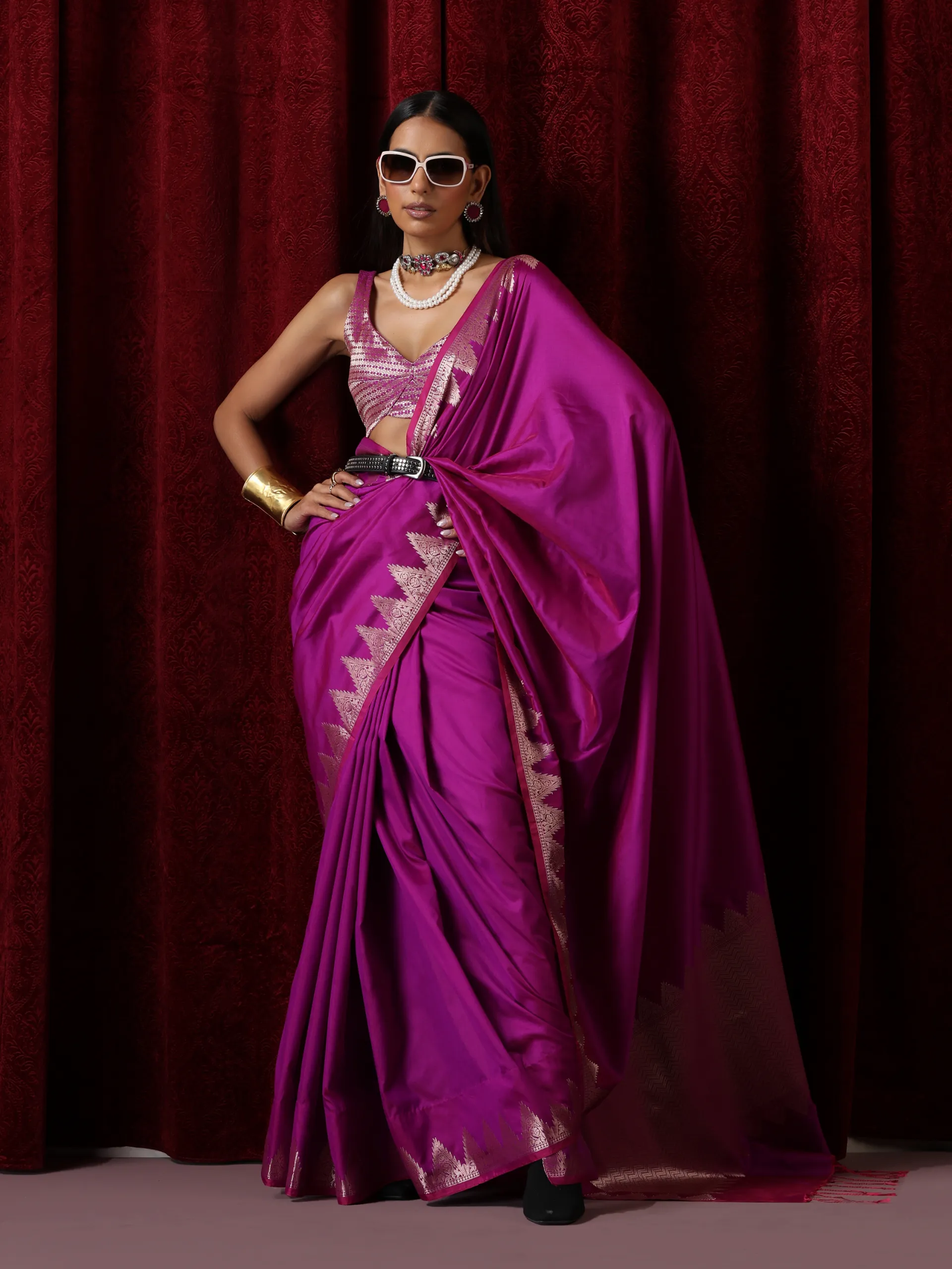 Banaras Plum Temple Pure Silk Saree with Blouse Fabric