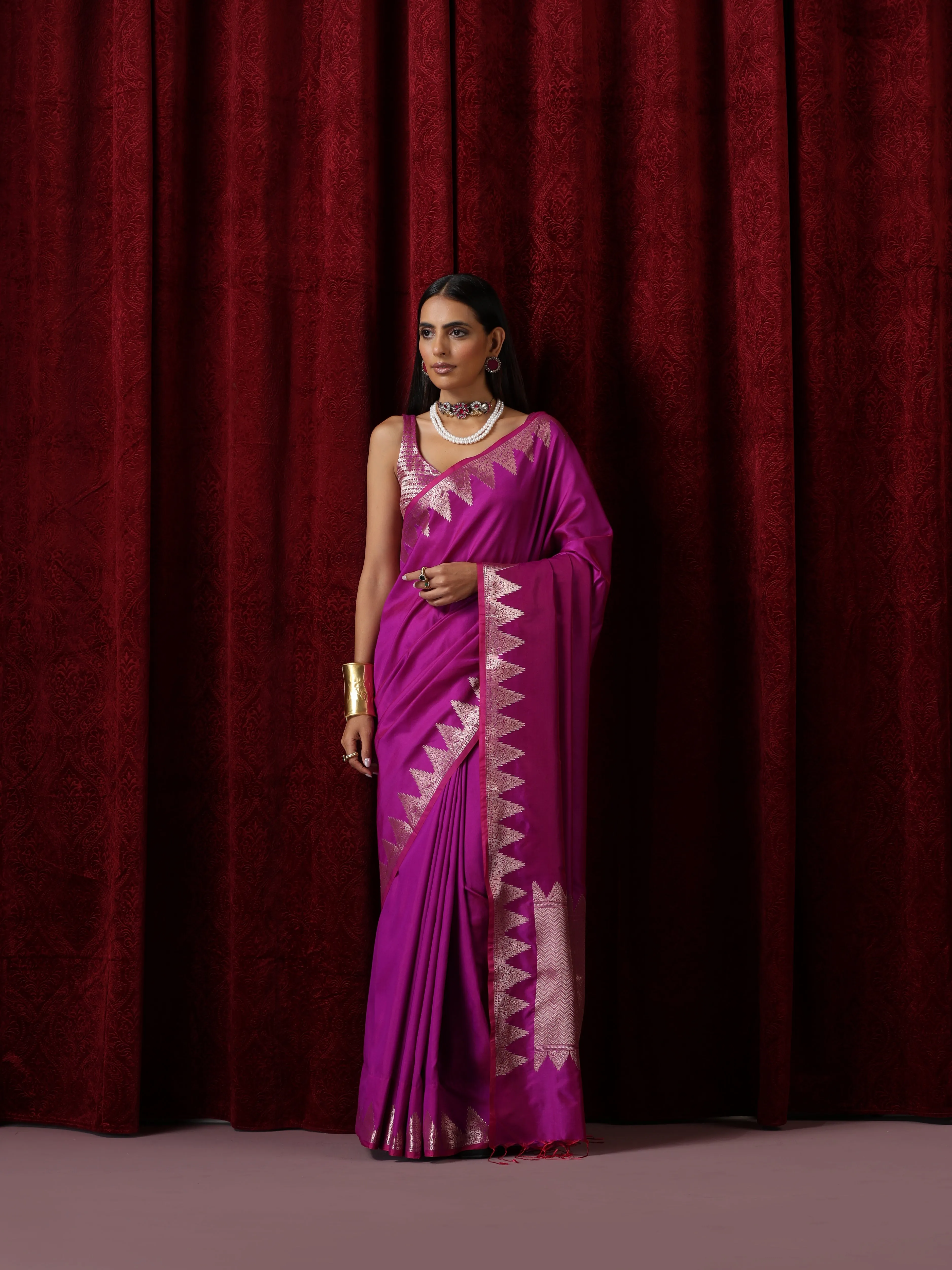 Banaras Plum Temple Pure Silk Saree with Blouse Fabric