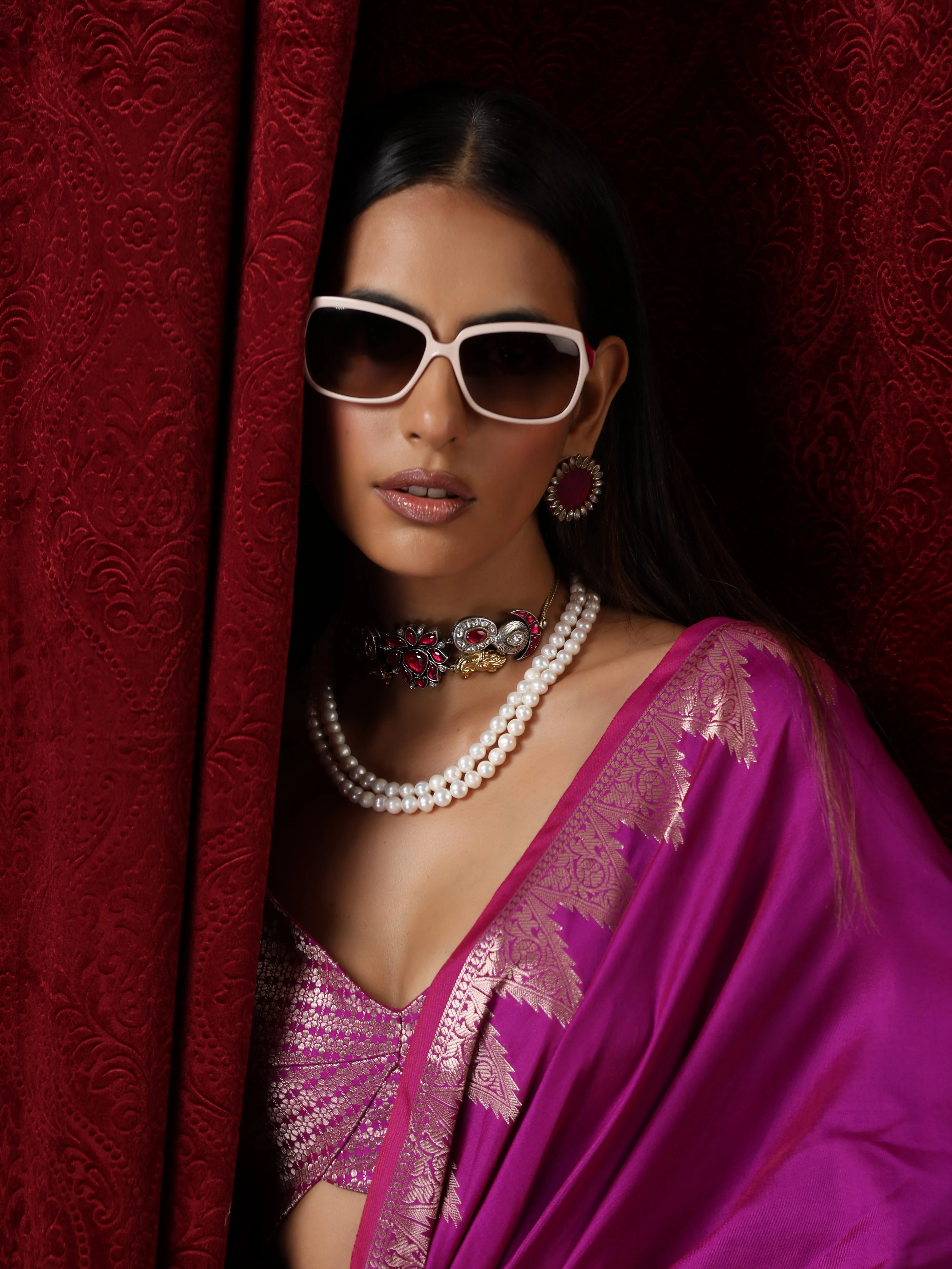 Banaras Plum Temple Pure Silk Saree with Blouse Fabric
