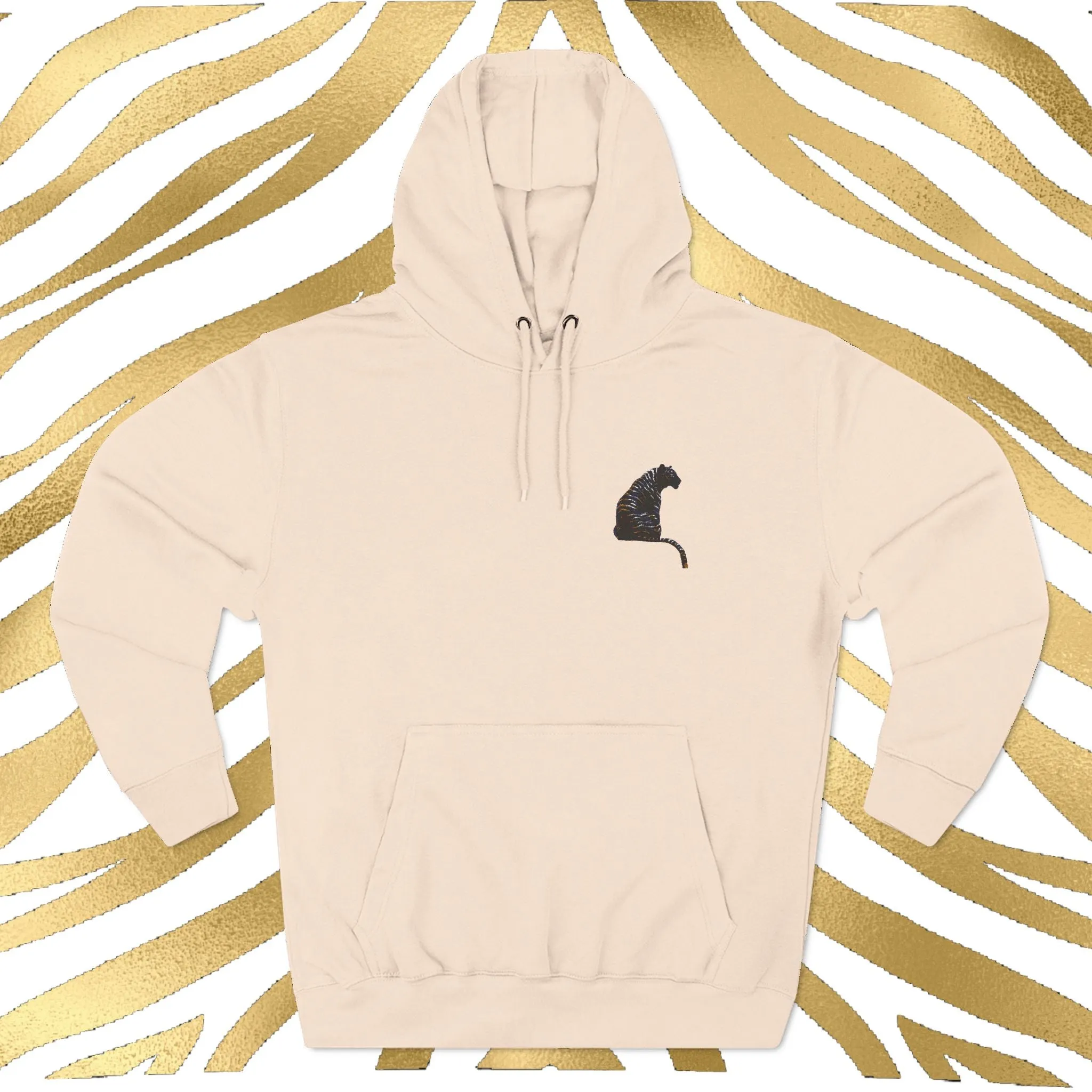 Black and Gold Tiger Embroidered Three-Panel Fleece Hoodie