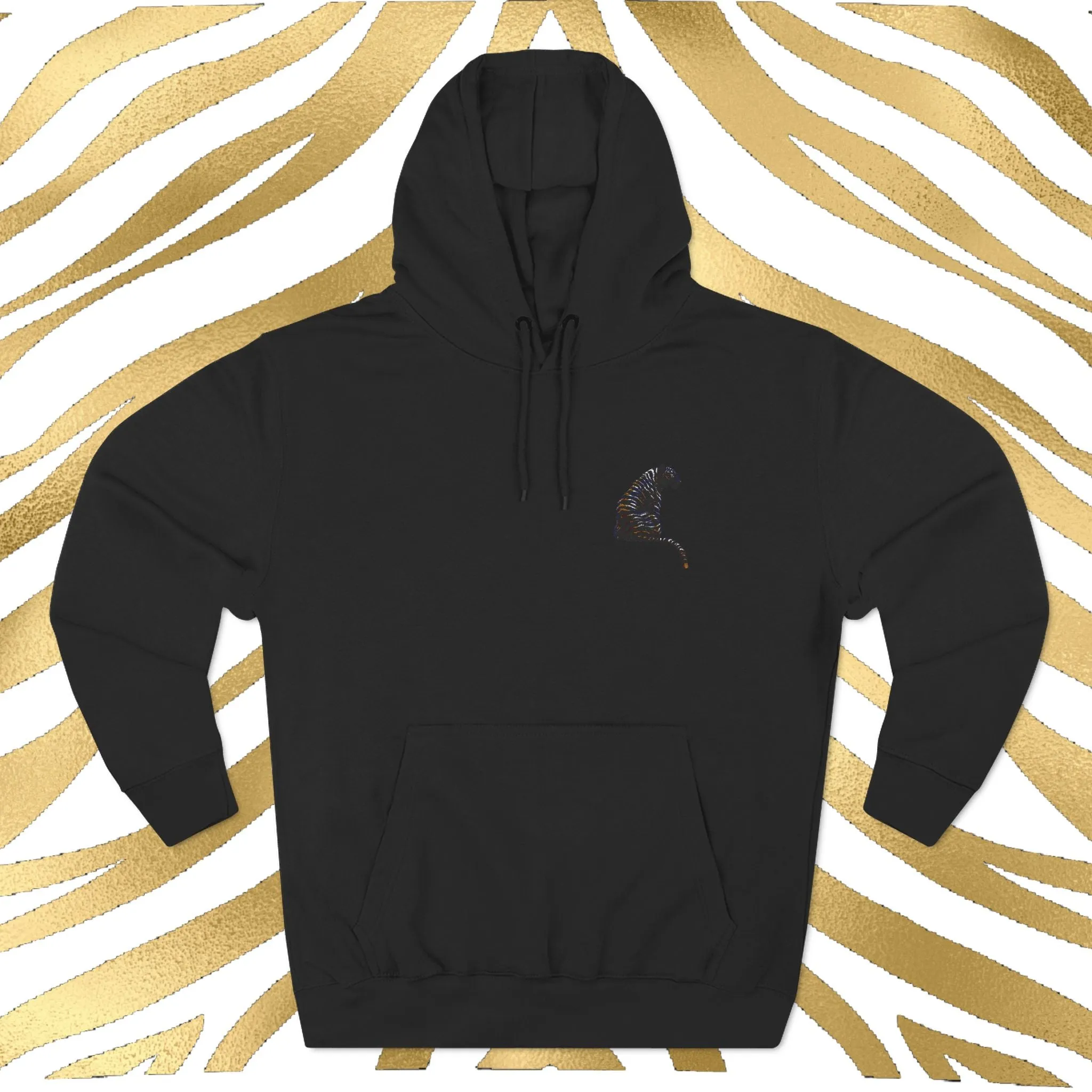 Black and Gold Tiger Embroidered Three-Panel Fleece Hoodie
