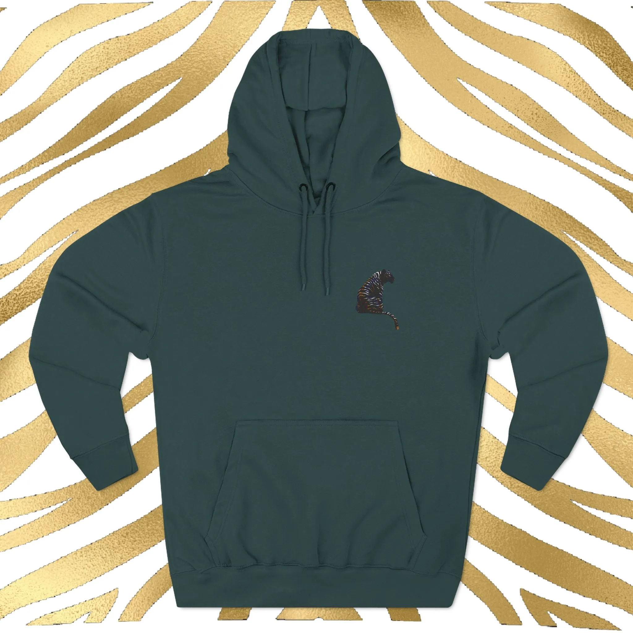 Black and Gold Tiger Embroidered Three-Panel Fleece Hoodie