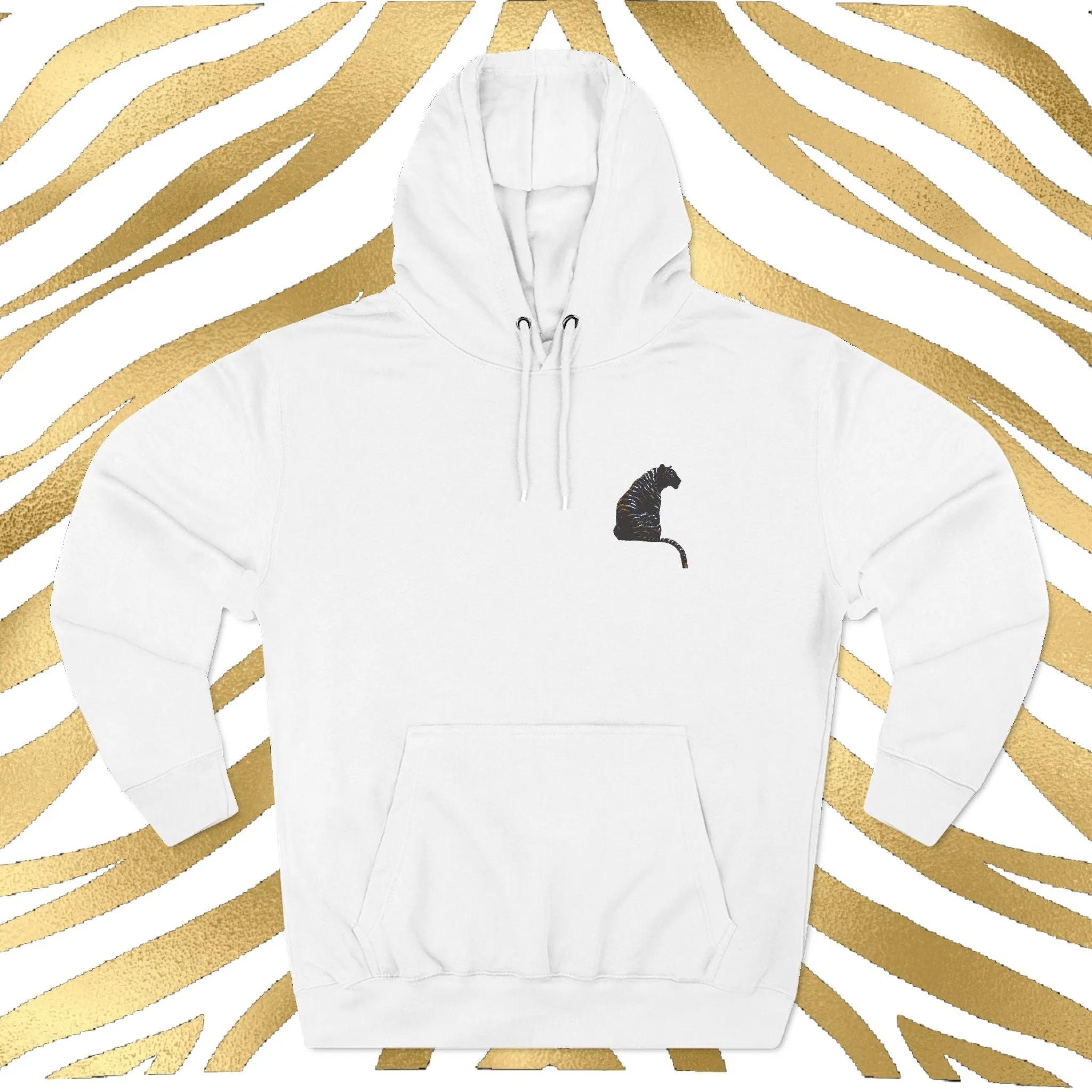 Black and Gold Tiger Embroidered Three-Panel Fleece Hoodie