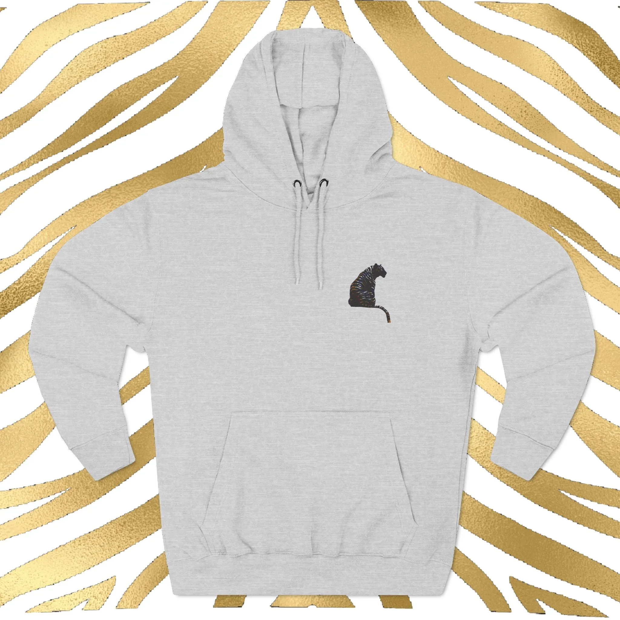 Black and Gold Tiger Embroidered Three-Panel Fleece Hoodie