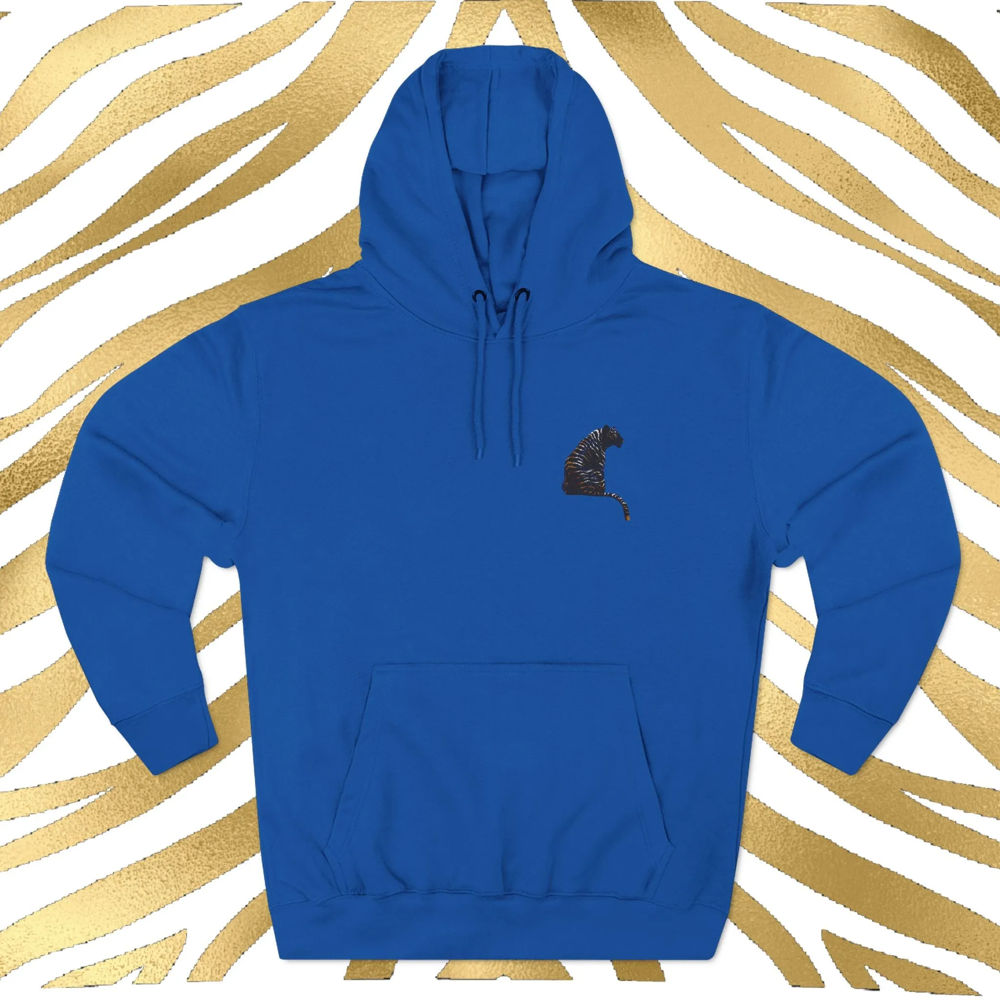Black and Gold Tiger Embroidered Three-Panel Fleece Hoodie