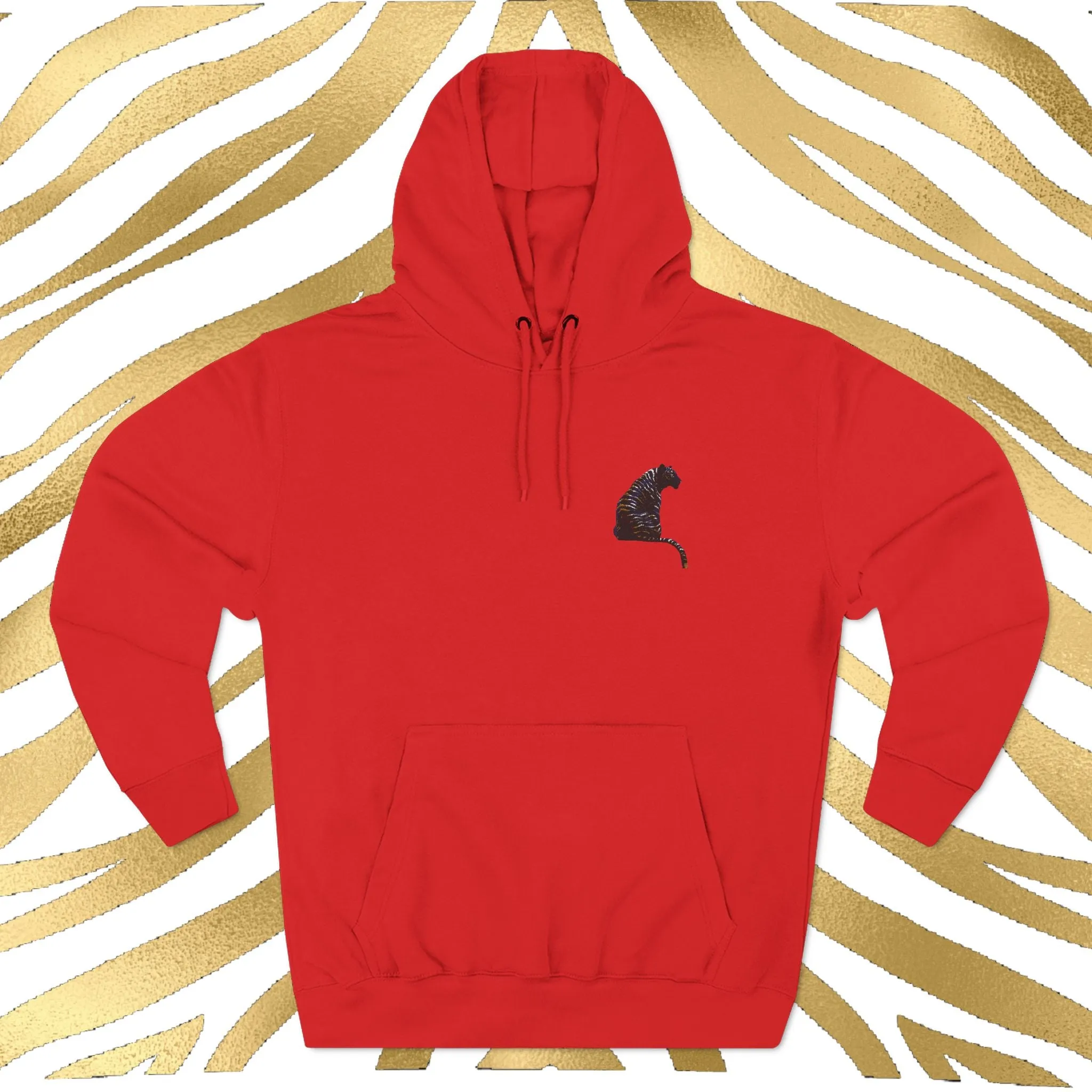 Black and Gold Tiger Embroidered Three-Panel Fleece Hoodie