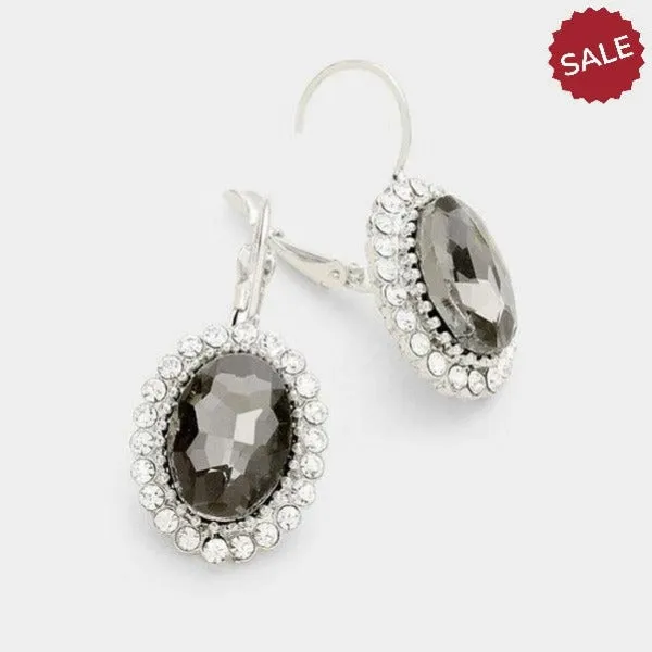Black Crystal Oval Pave Lever Back Evening Earrings