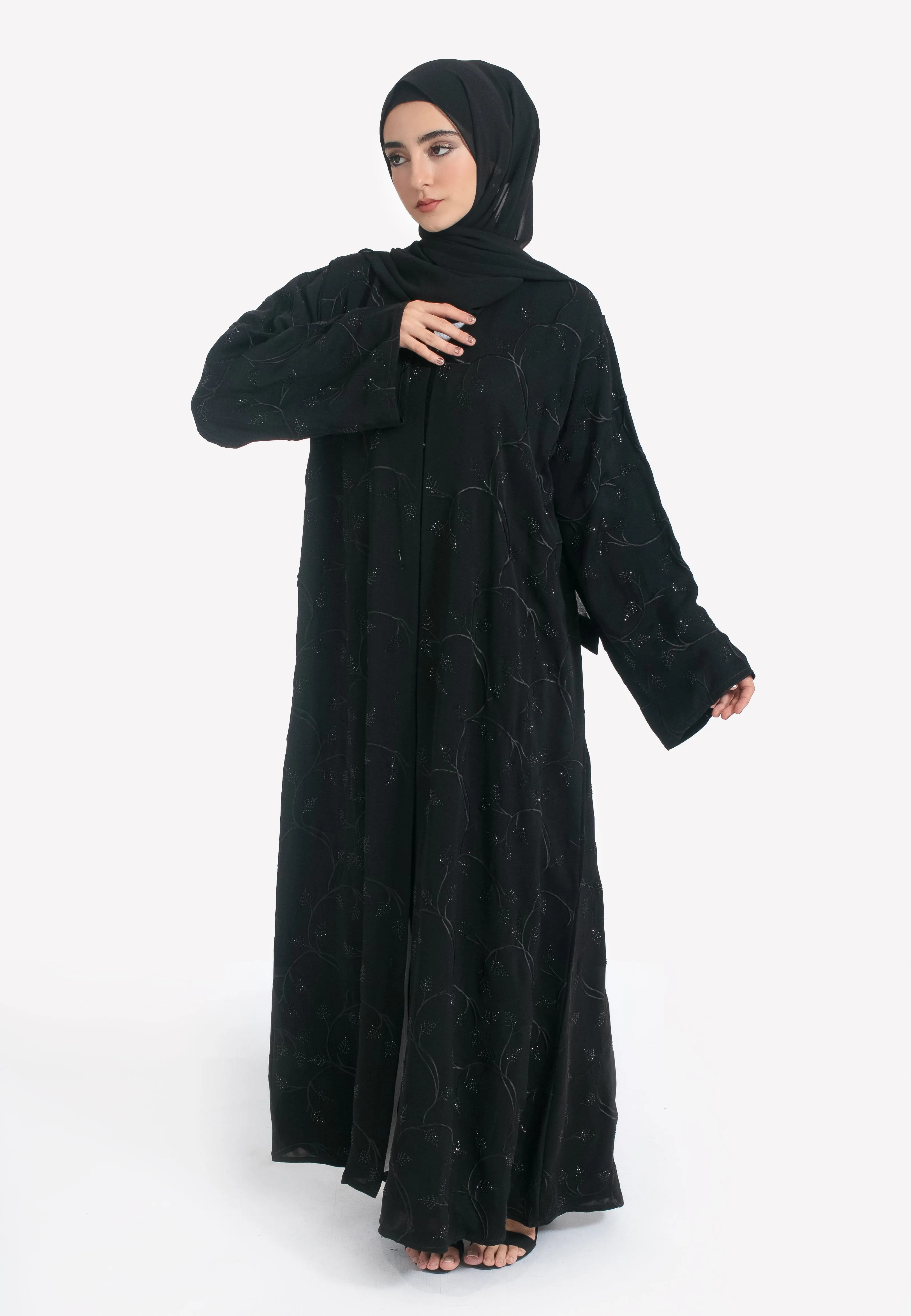 Black on Black Foliage Embroidered Open Abaya