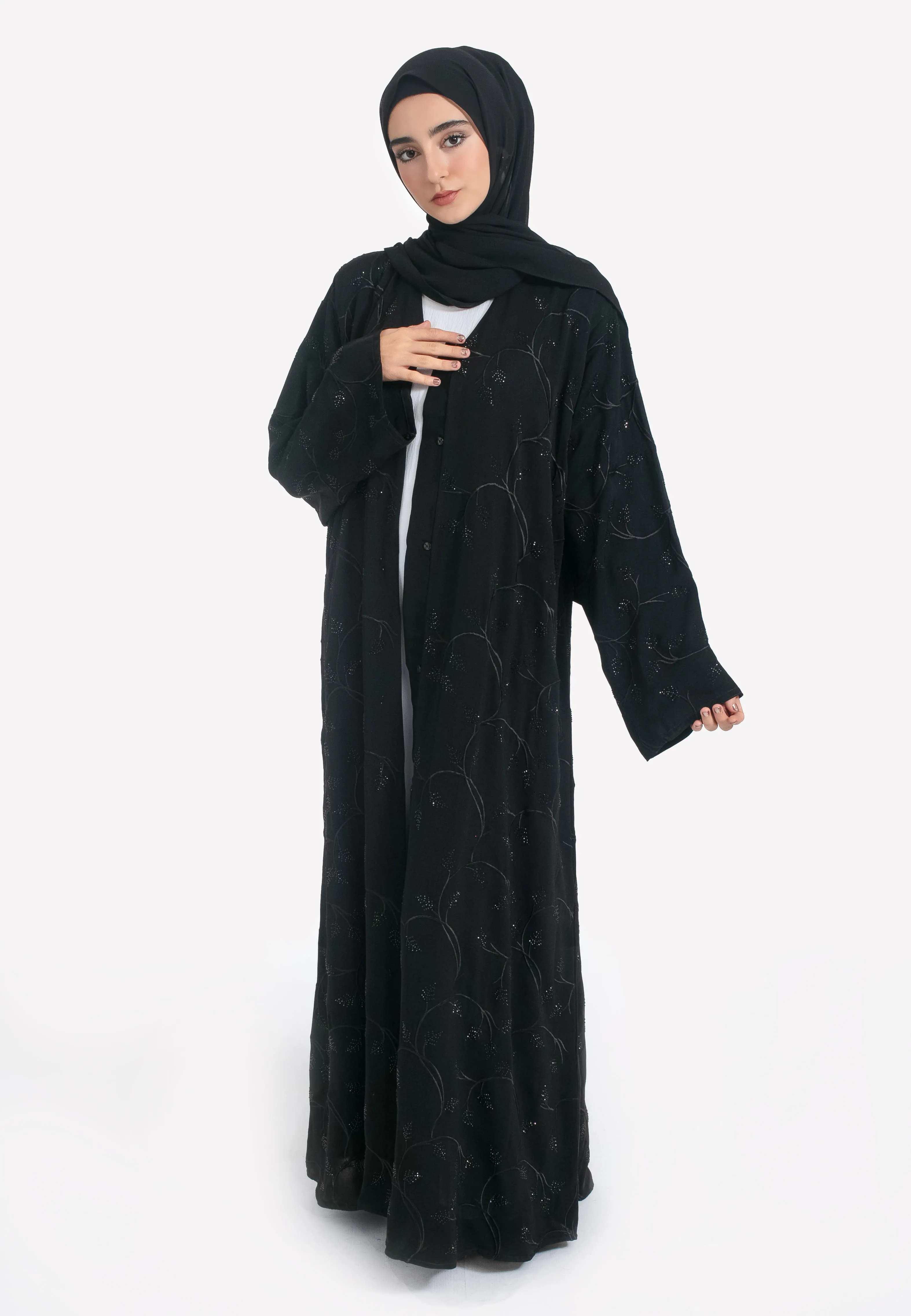 Black on Black Foliage Embroidered Open Abaya