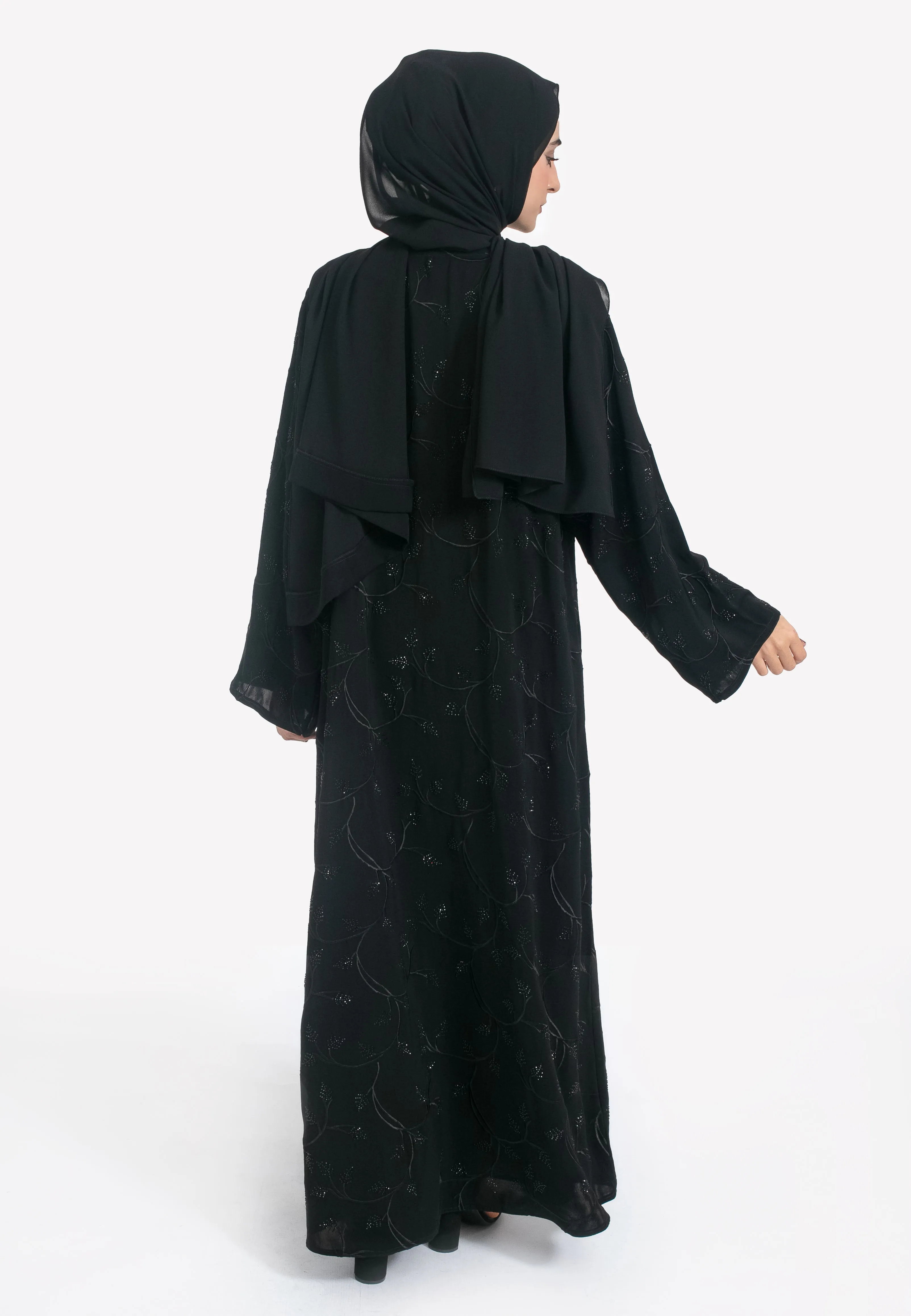 Black on Black Foliage Embroidered Open Abaya