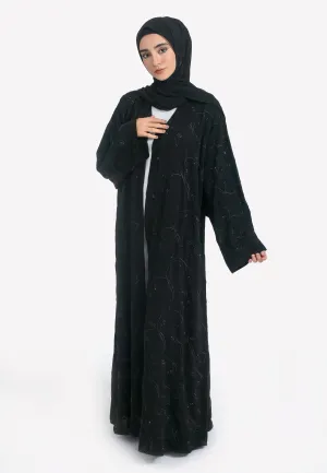 Black on Black Foliage Embroidered Open Abaya