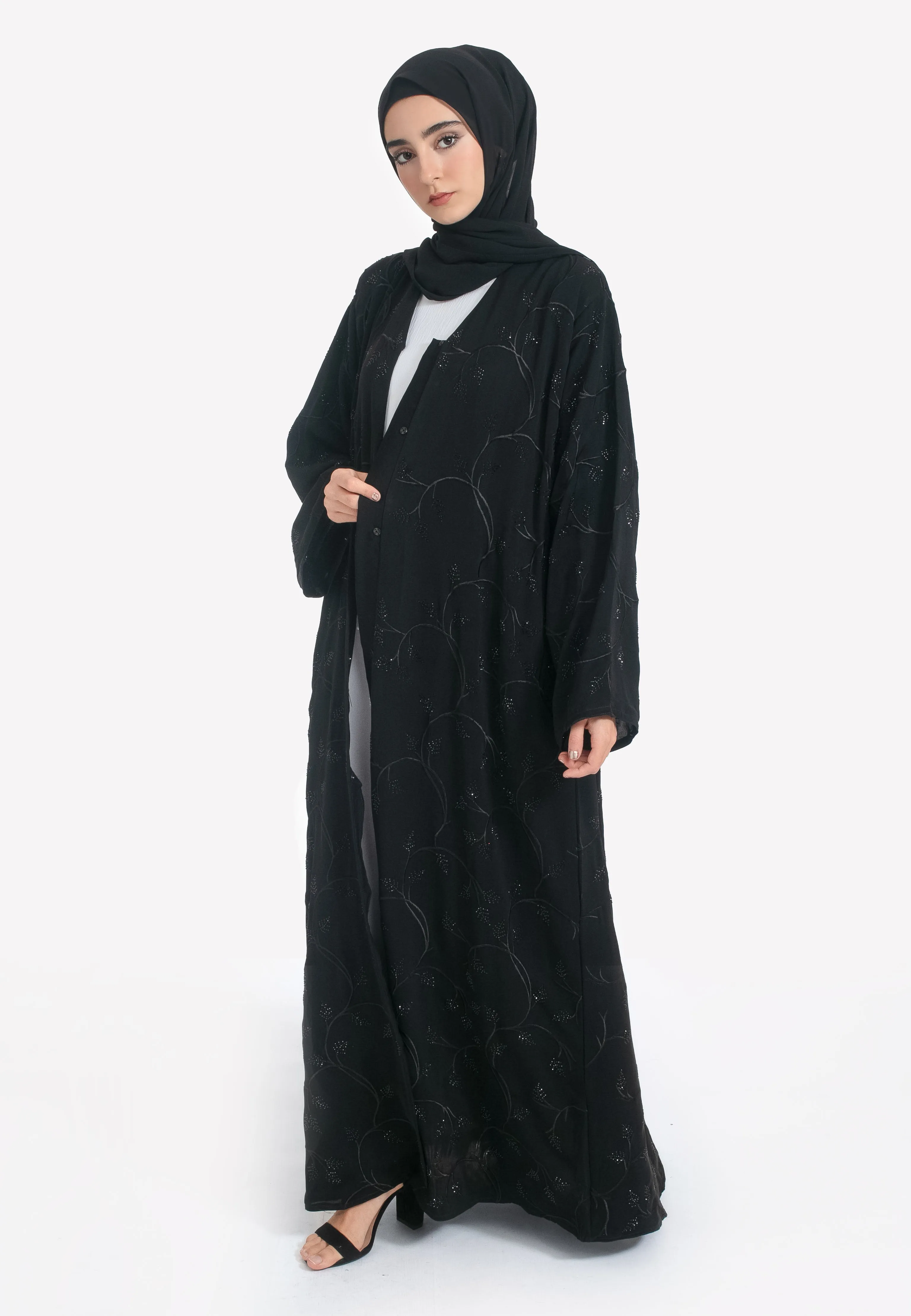 Black on Black Foliage Embroidered Open Abaya
