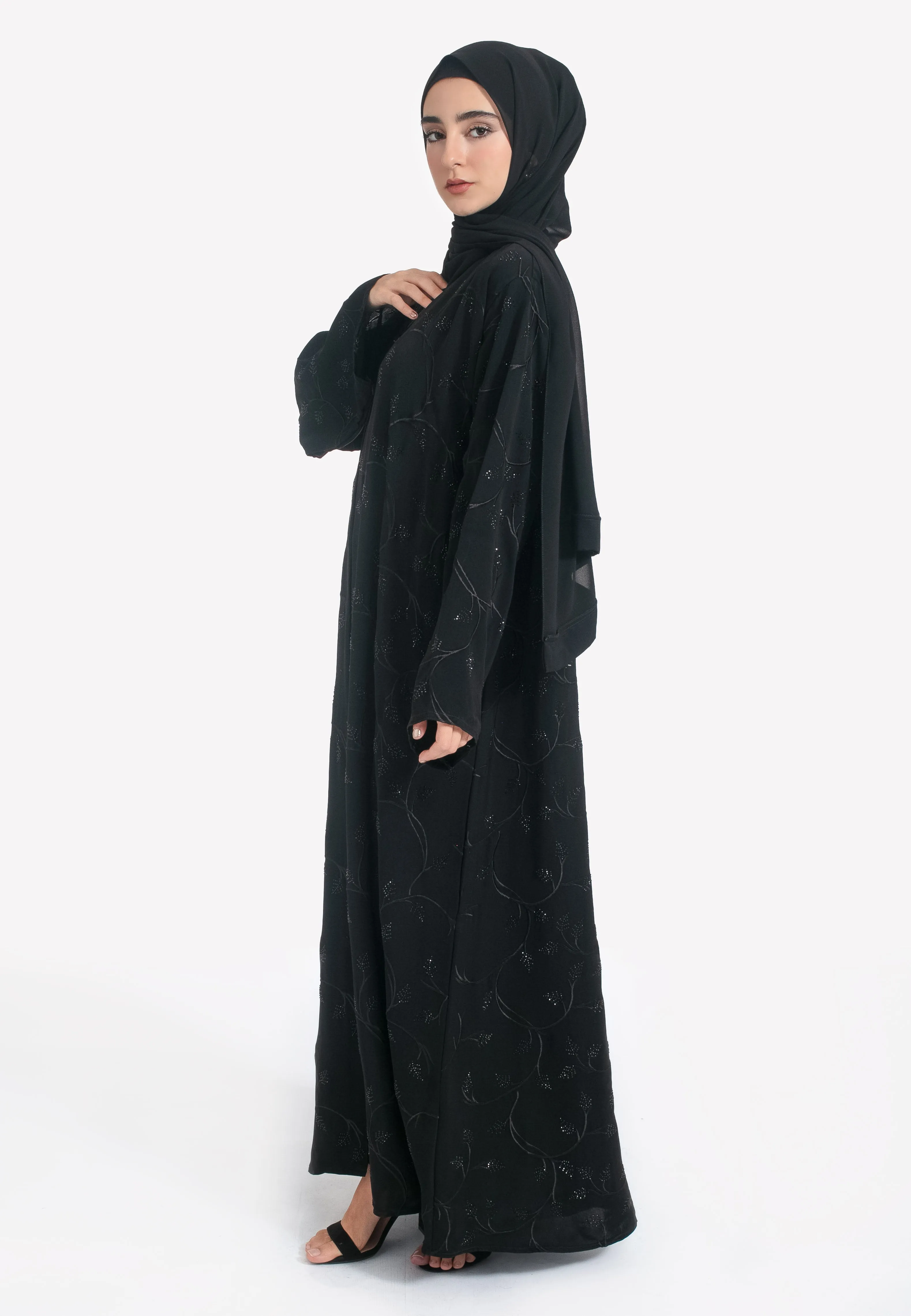 Black on Black Foliage Embroidered Open Abaya