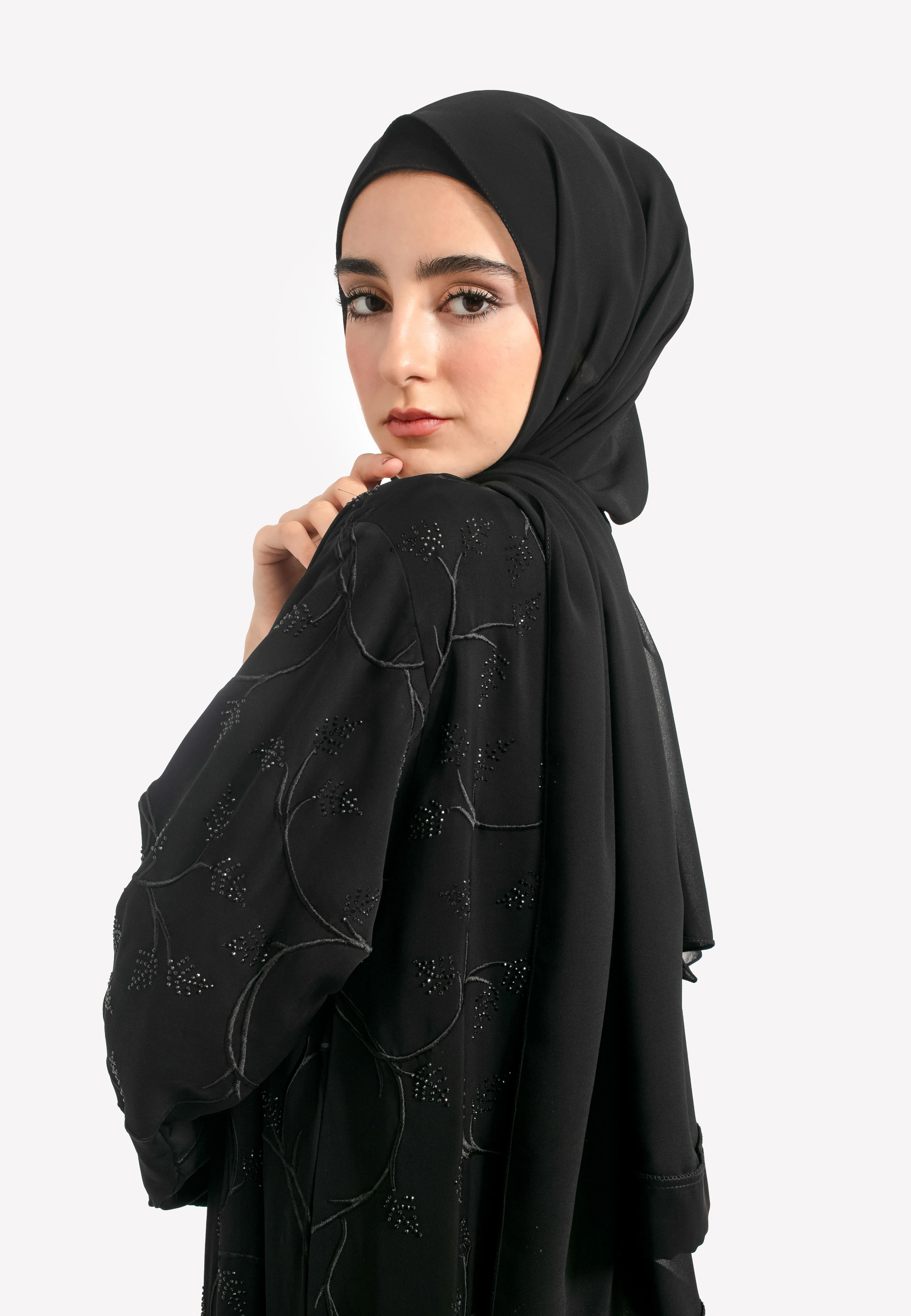 Black on Black Foliage Embroidered Open Abaya
