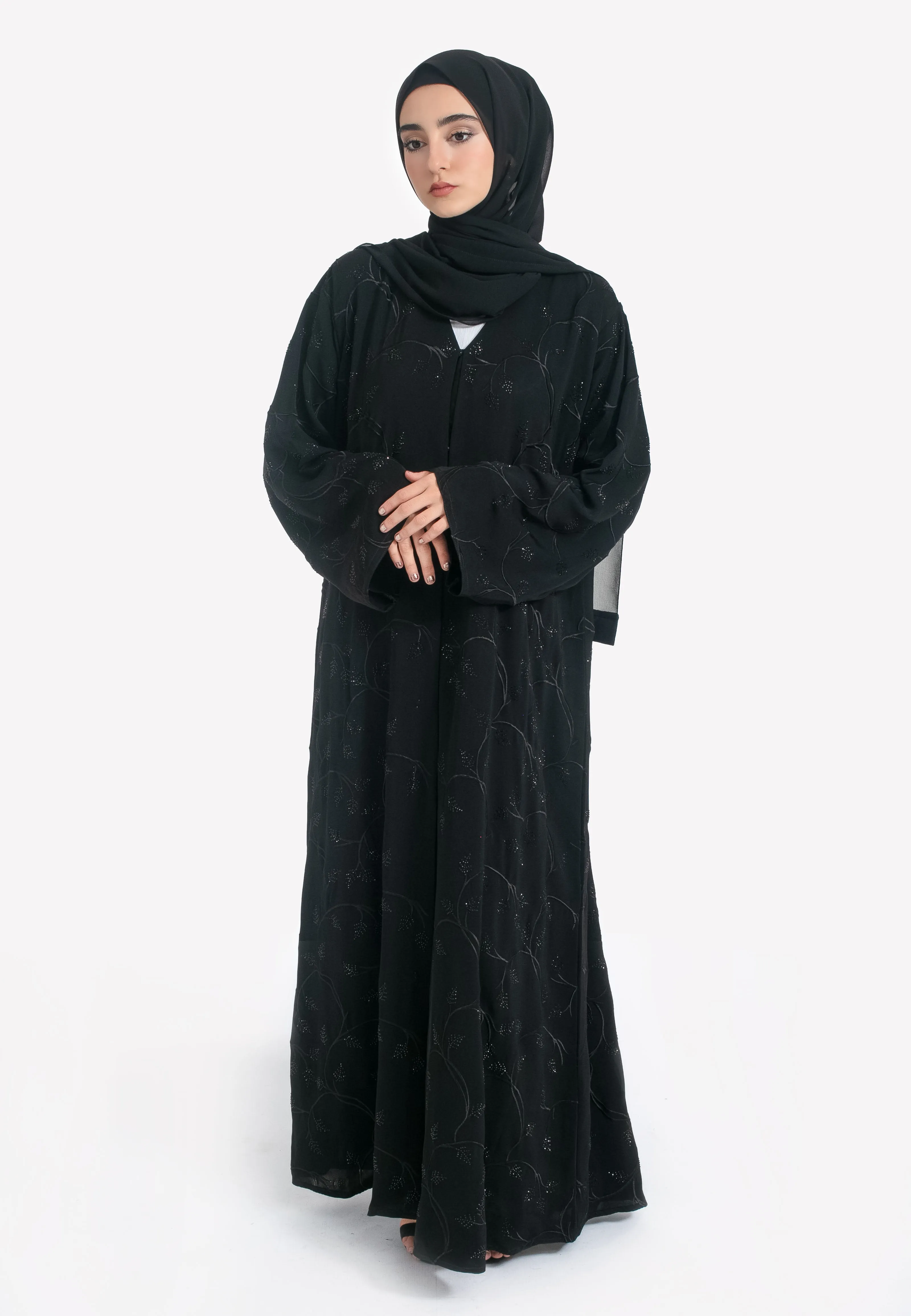 Black on Black Foliage Embroidered Open Abaya