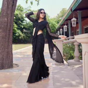 Black Ready to Wear Saree with Sequined Blouse and Tassels