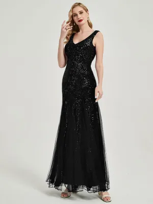 Black Sequin Tulle V-Neck Sleeveless Maxi Mermaid Evening Dress