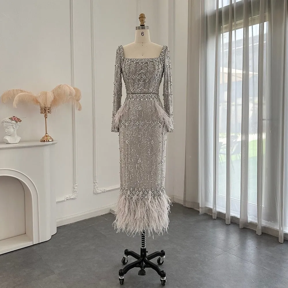Bling Gray Mermaid Arabic Evening Dress with Cape