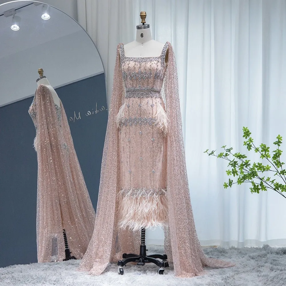 Bling Gray Mermaid Arabic Evening Dress with Cape