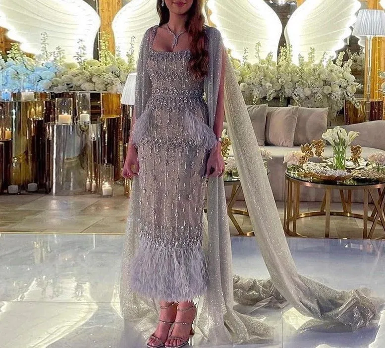 Bling Gray Mermaid Arabic Evening Dress with Cape