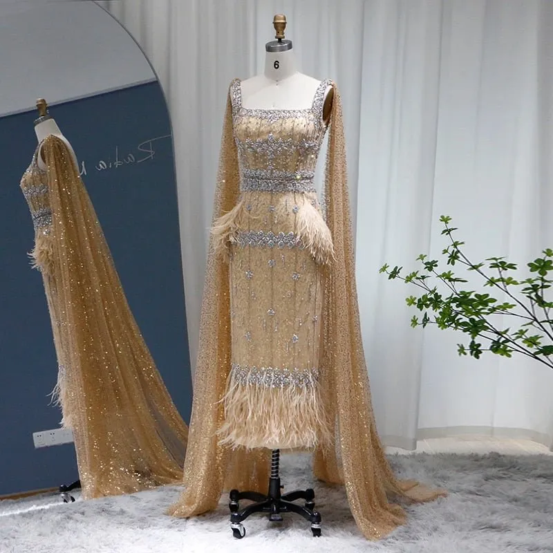Bling Gray Mermaid Arabic Evening Dress with Cape